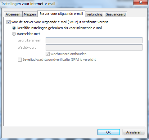 Outlook 2007 instellingen uitgaande mailserver